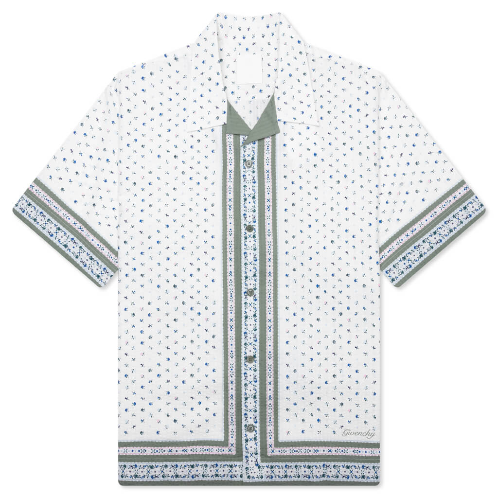 Floral Print Boxy Fit Shirt in Cotton Seersucker - Cream/Green
