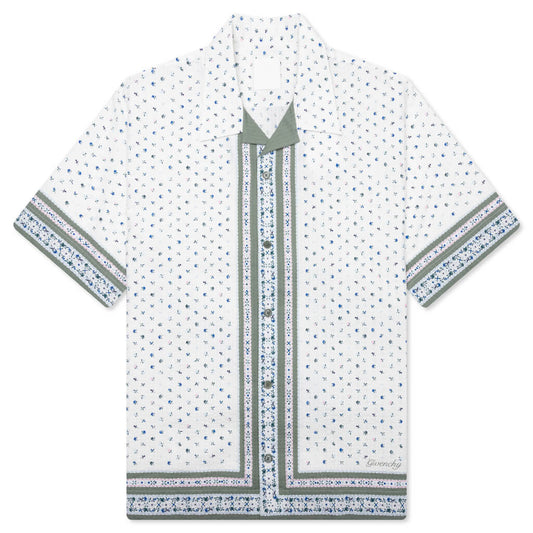 Floral Print Boxy Fit Shirt in Cotton Seersucker - Cream/Green