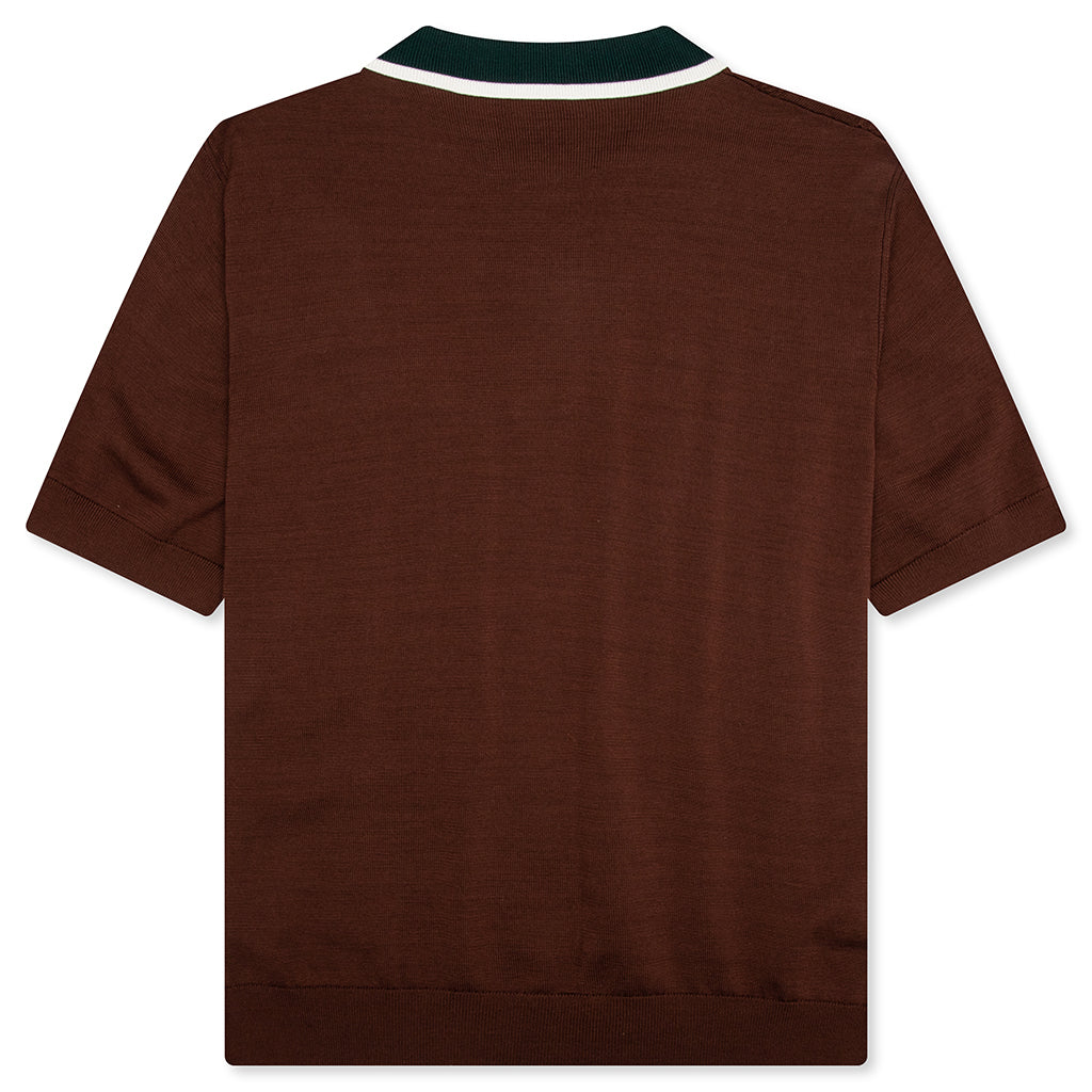 Cable Knit Oversized Polo Shirt - Dark Brown