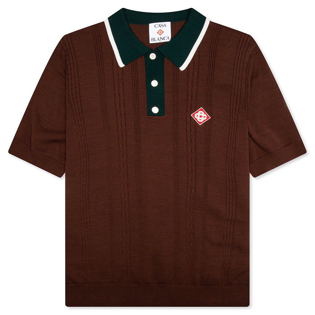 Cable Knit Oversized Polo Shirt - Dark Brown