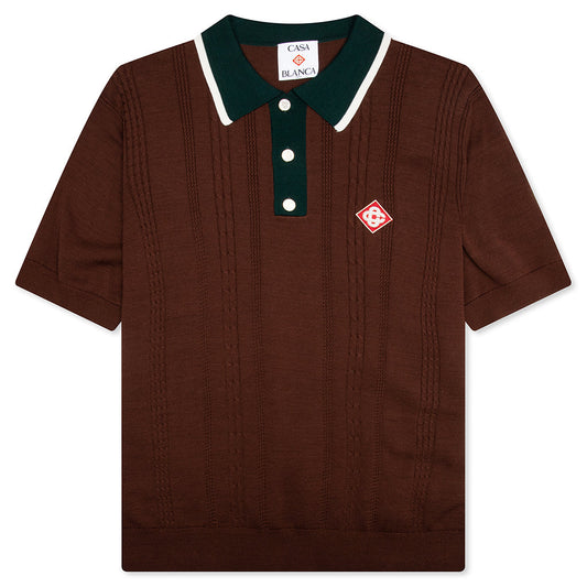 Cable Knit Oversized Polo Shirt - Dark Brown