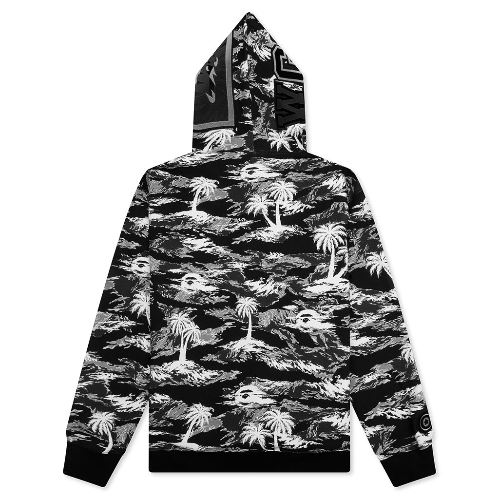 Palm Tree Camo Relaxed Fit Shark Full Zip Hoodie - Black