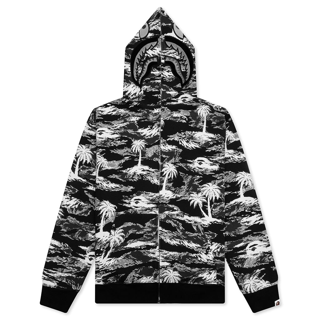 Palm Tree Camo Relaxed Fit Shark Full Zip Hoodie - Black