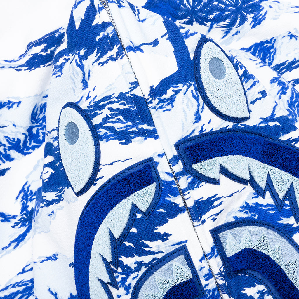 Palm Tree Camo Relaxed Fit Shark Full Zip Hoodie - Blue