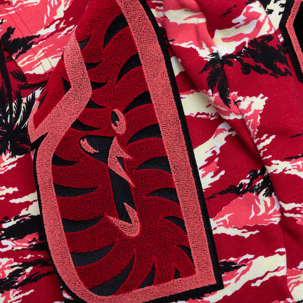 Palm Tree Camo Relaxed Fit Shark Full Zip Hoodie - Red