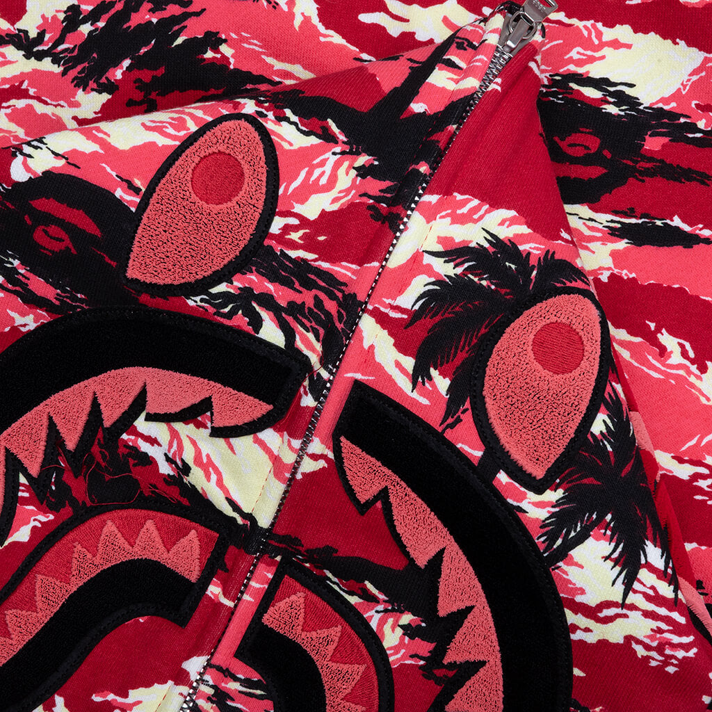 Palm Tree Camo Relaxed Fit Shark Full Zip Hoodie - Red