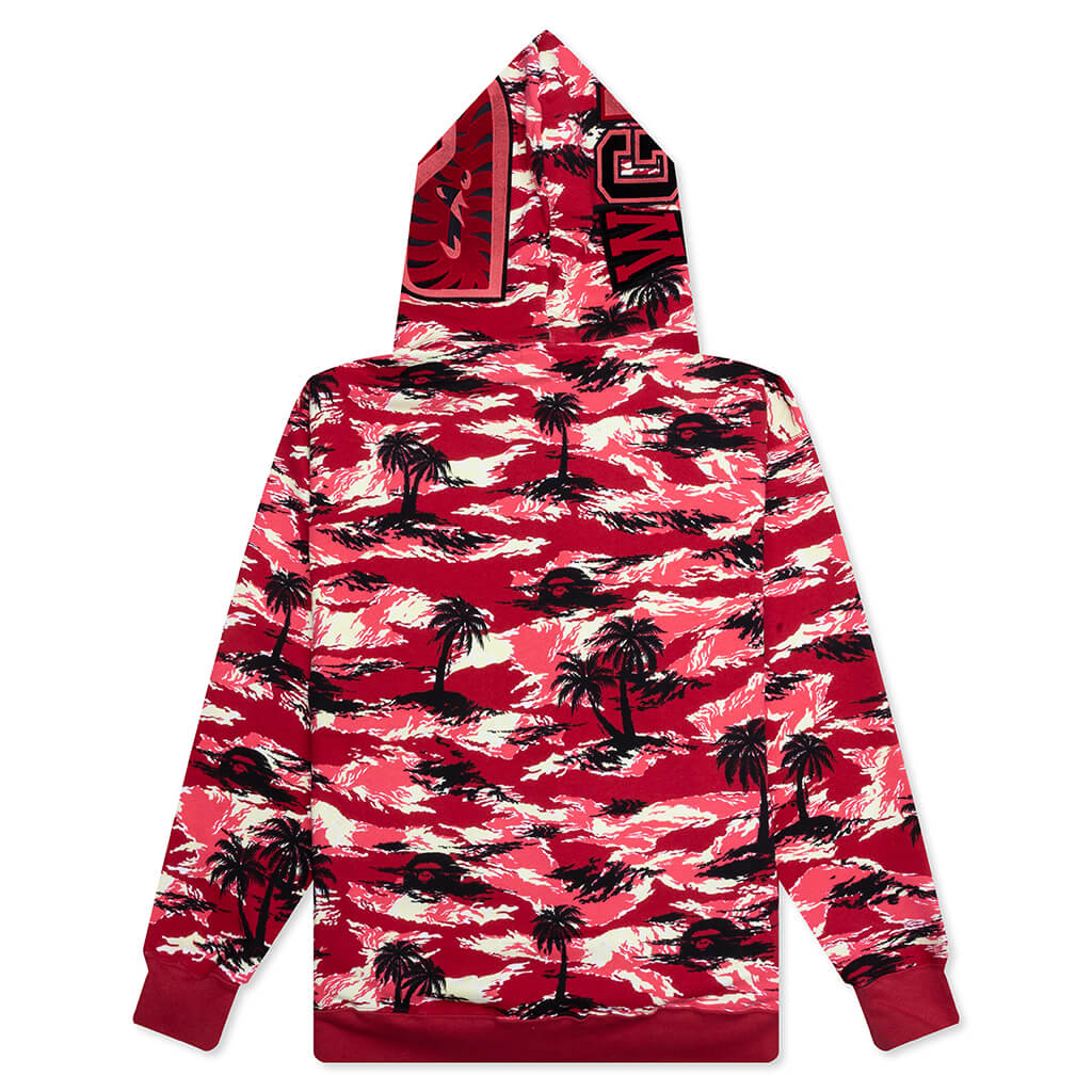 Palm Tree Camo Relaxed Fit Shark Full Zip Hoodie - Red