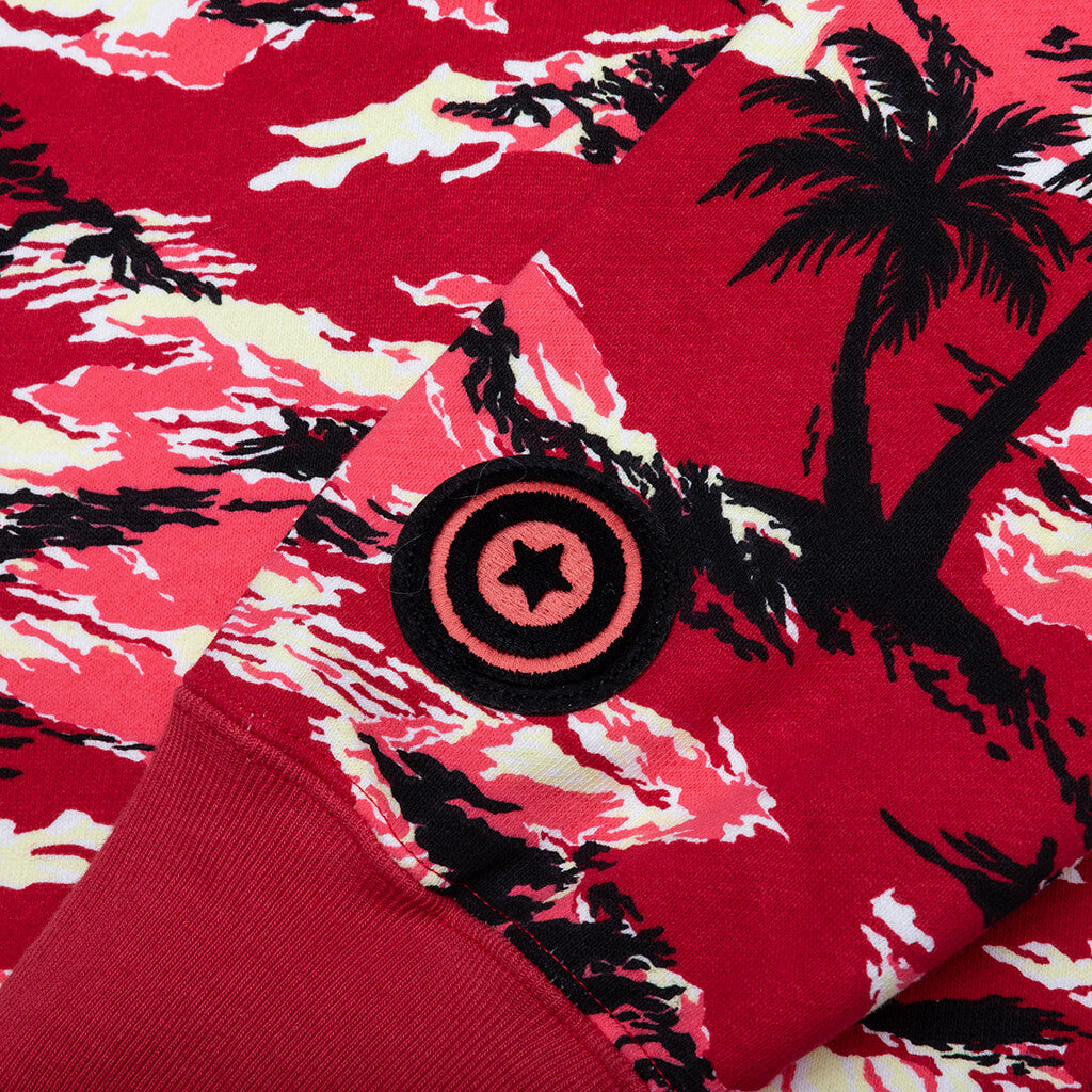 Palm Tree Camo Relaxed Fit Shark Full Zip Hoodie - Red