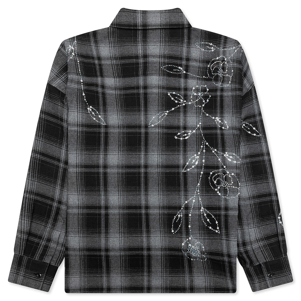 Plaid Beaded Oversized Shirt - Black