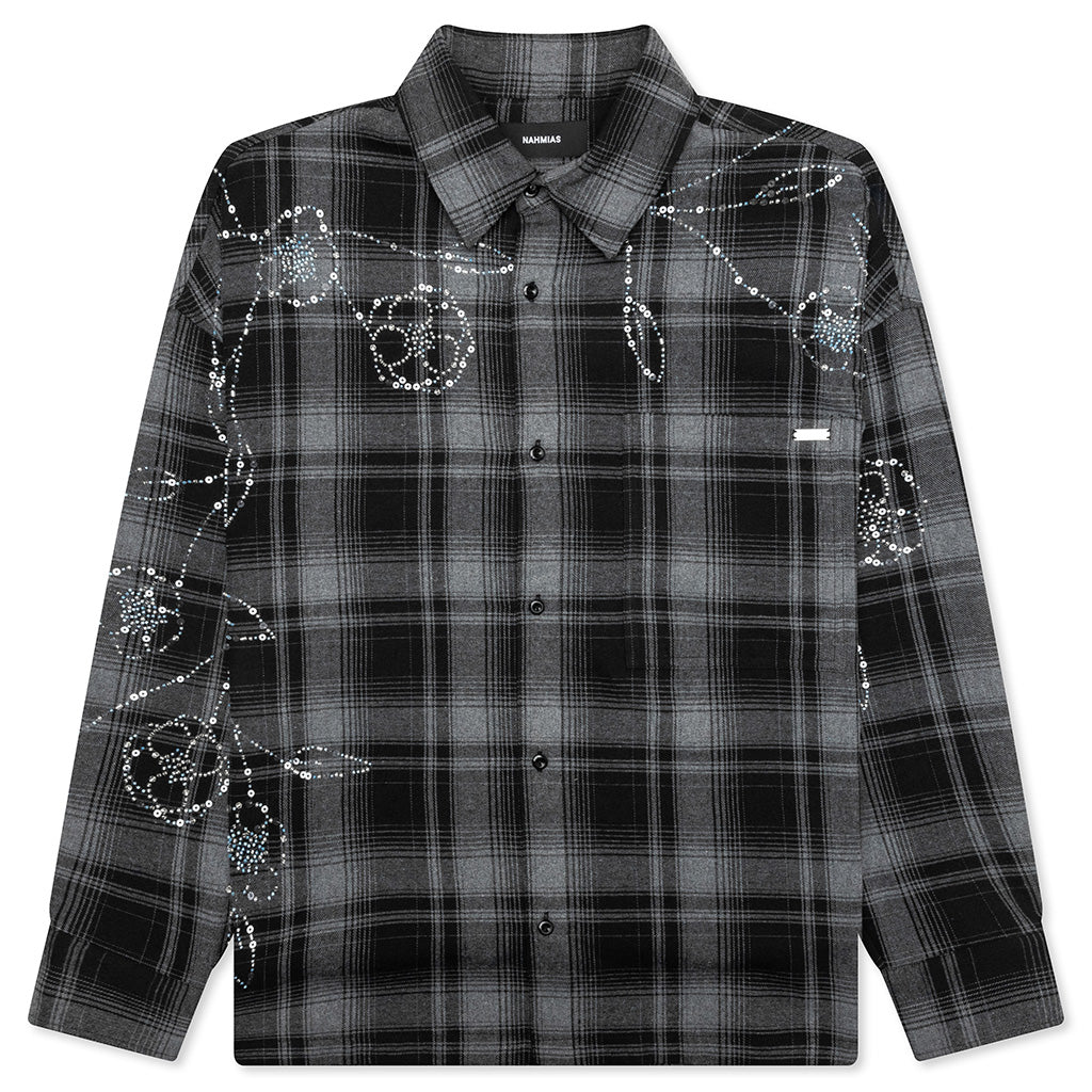 Plaid Beaded Oversized Shirt - Black