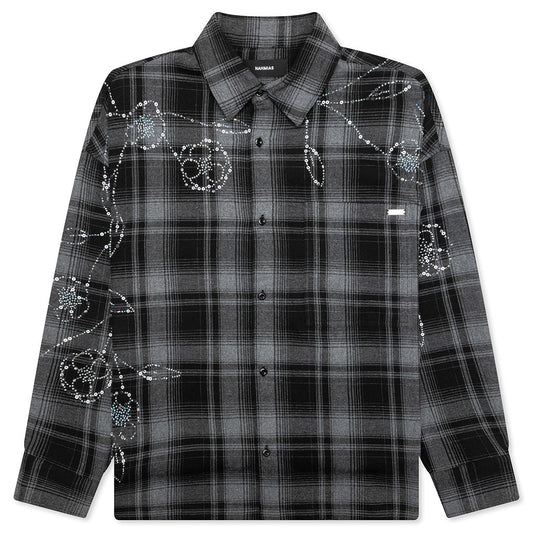 Plaid Beaded Oversized Shirt - Black