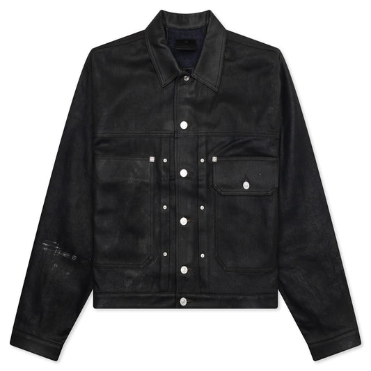 Pleated and Snapped Denim Jacket - Black