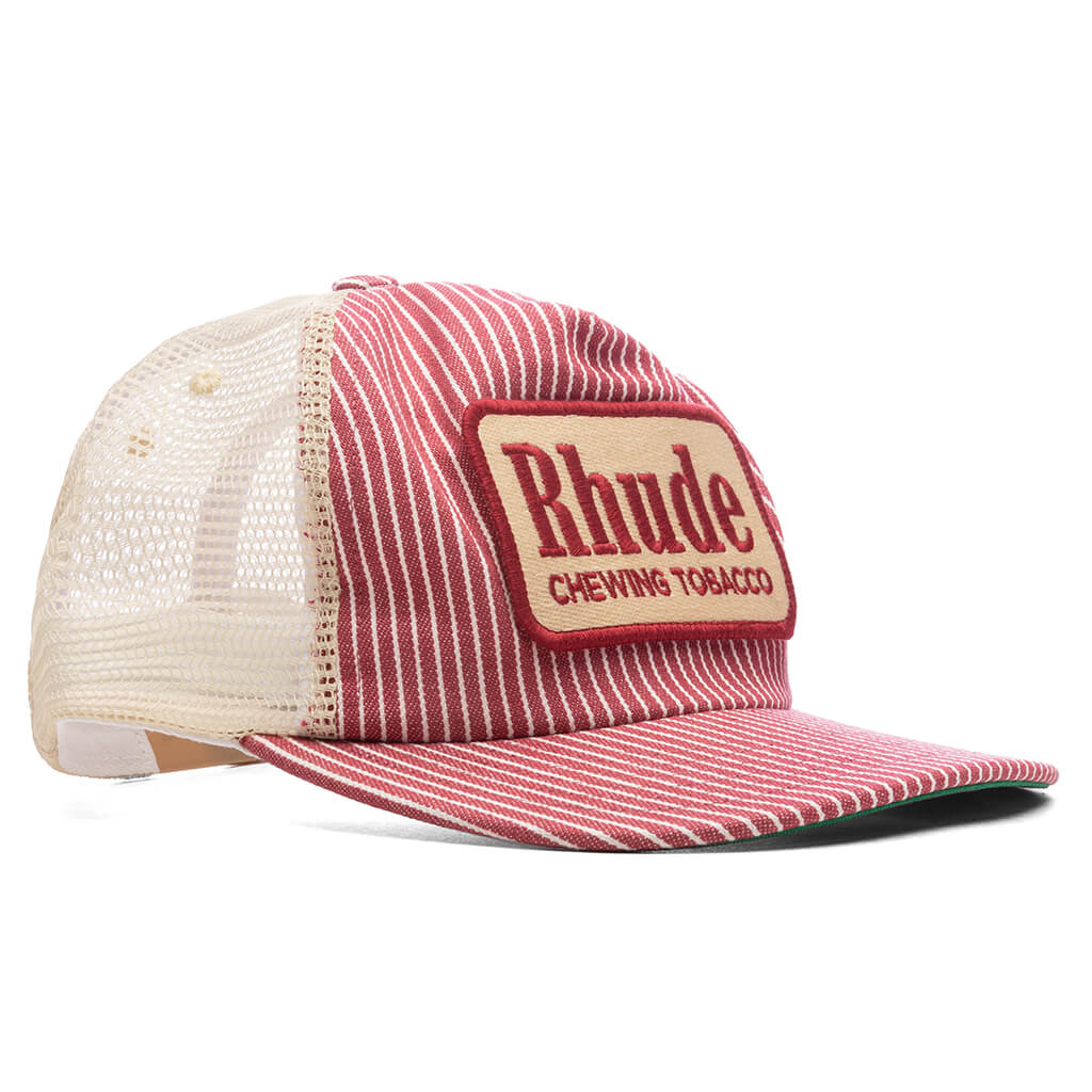 Red Striped Tobacco Trucker Hat - Red/Off White