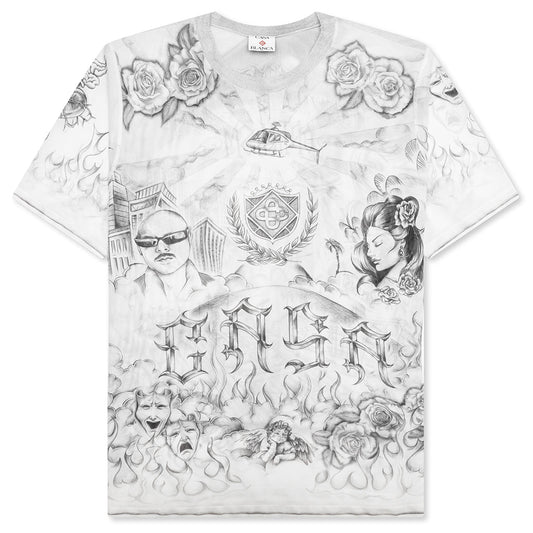Short Sleeve Printed Crew Neck Mesh Top - Tattoo