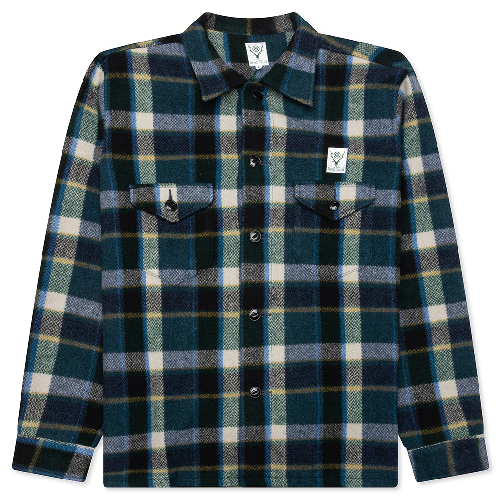 Smokey Wool Melton Plaid Shirt - Green