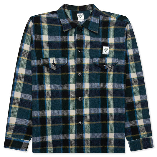 Smokey Wool Melton Plaid Shirt - Green