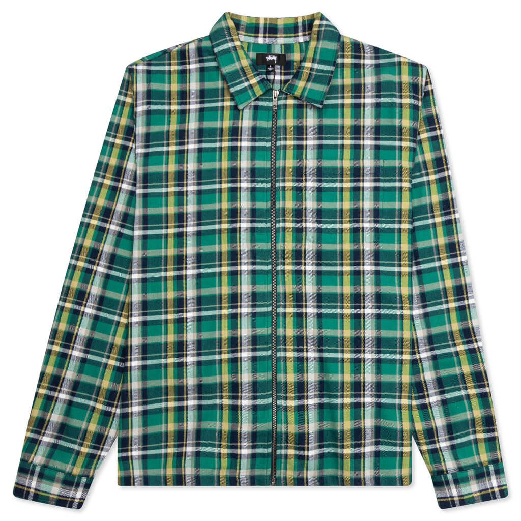 Classic Zip Up Plaid L/S Shirt - Green