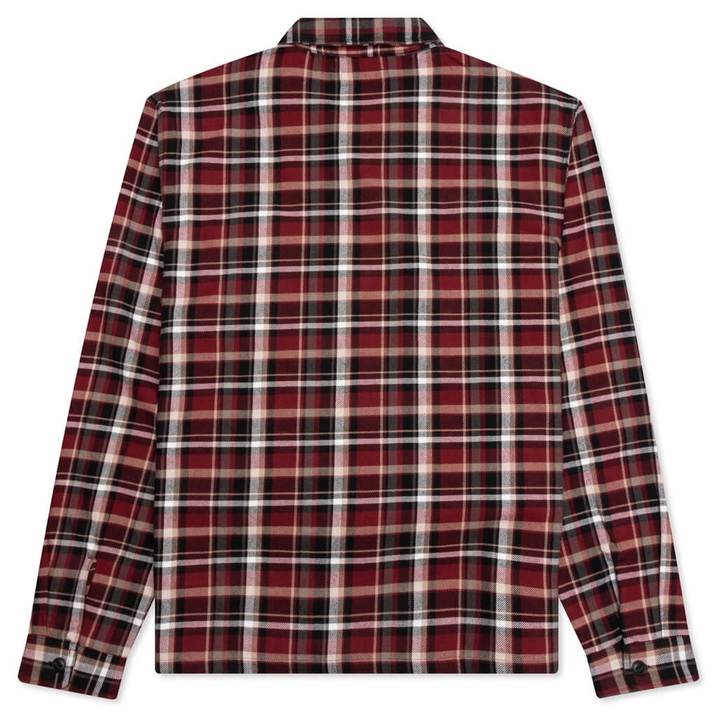 Classic Zip Up Plaid L/S Shirt - Maroon