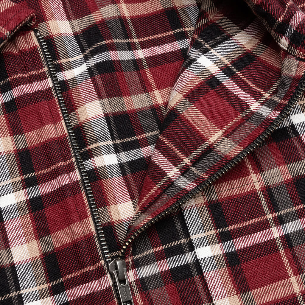 Classic Zip Up Plaid L/S Shirt - Maroon