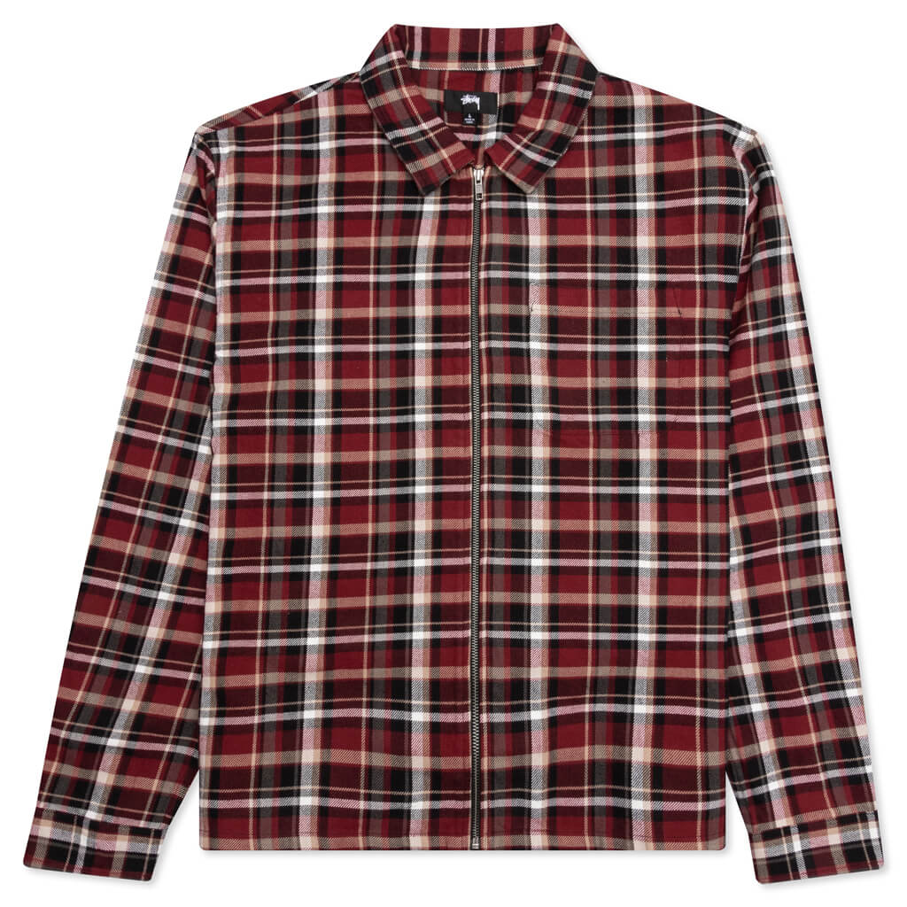 Classic Zip Up Plaid L/S Shirt - Maroon