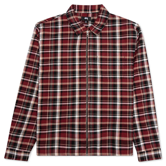 Classic Zip Up Plaid L/S Shirt - Maroon