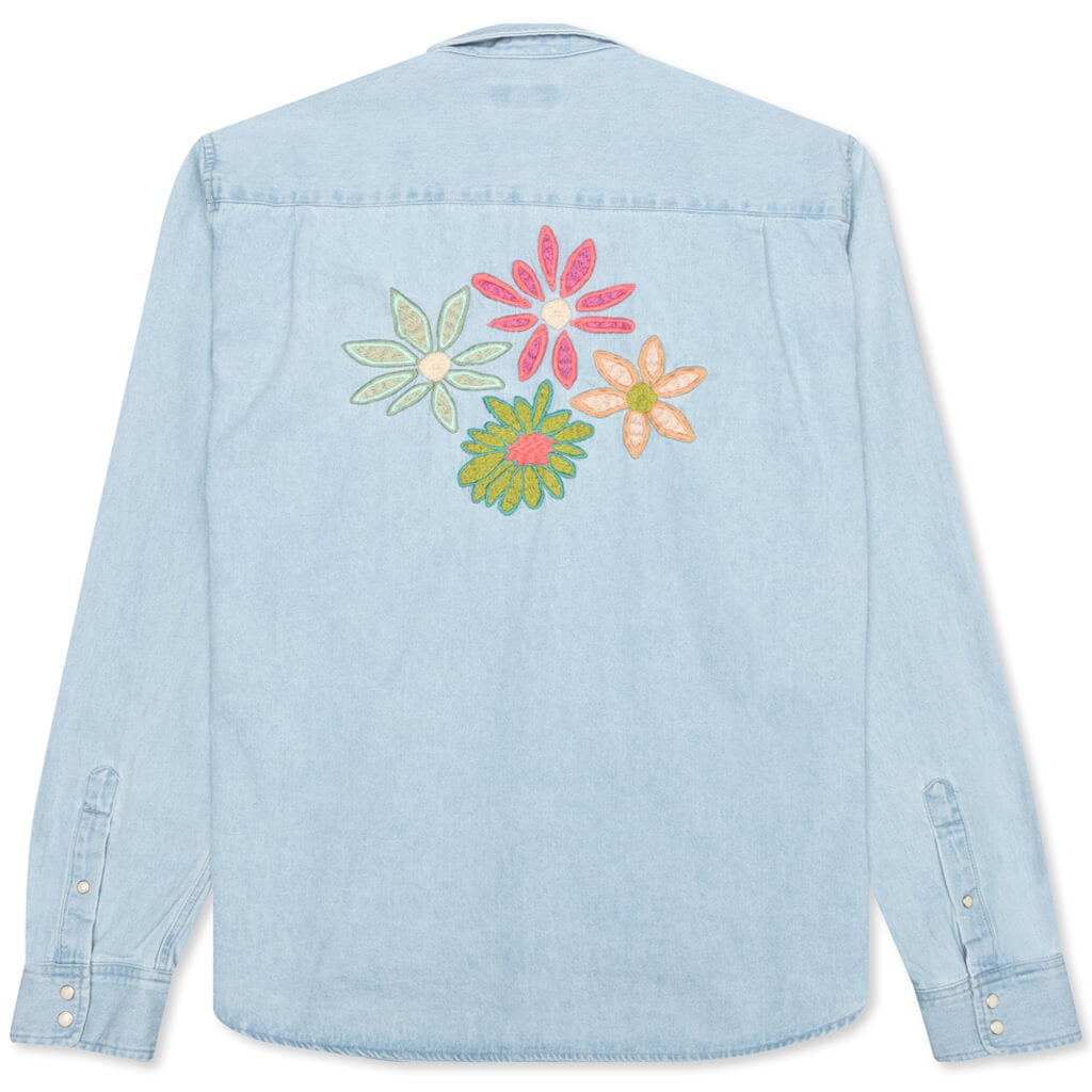 Flower Embroidered Denim L/S Shirt - Light Blue