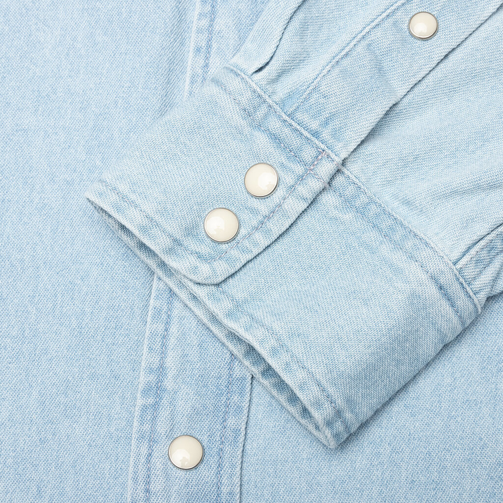 Flower Embroidered Denim L/S Shirt - Light Blue