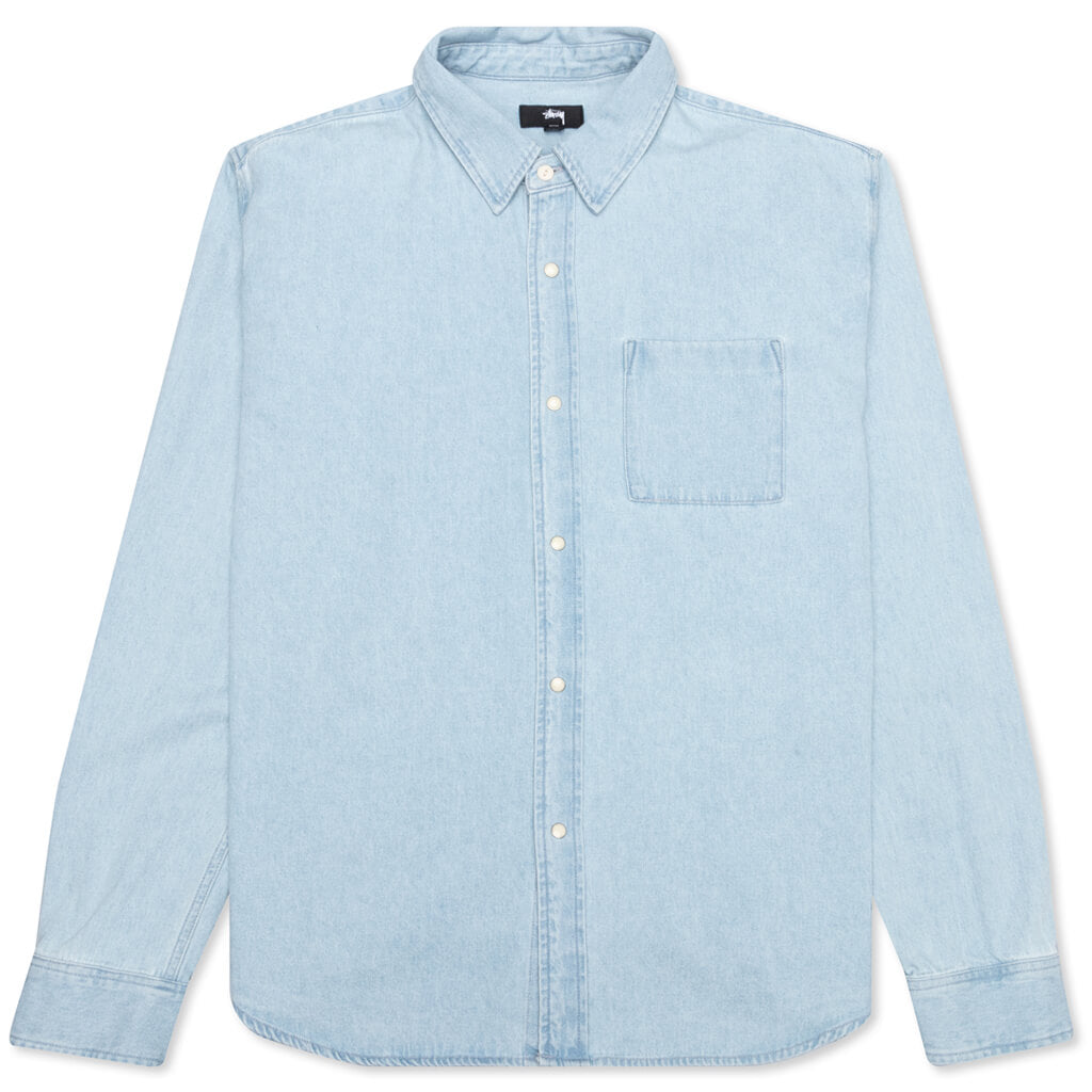 Flower Embroidered Denim L/S Shirt - Light Blue