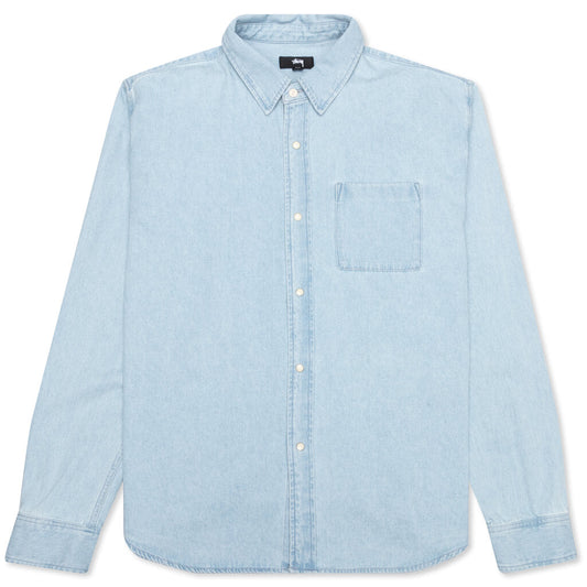 Flower Embroidered Denim L/S Shirt - Light Blue