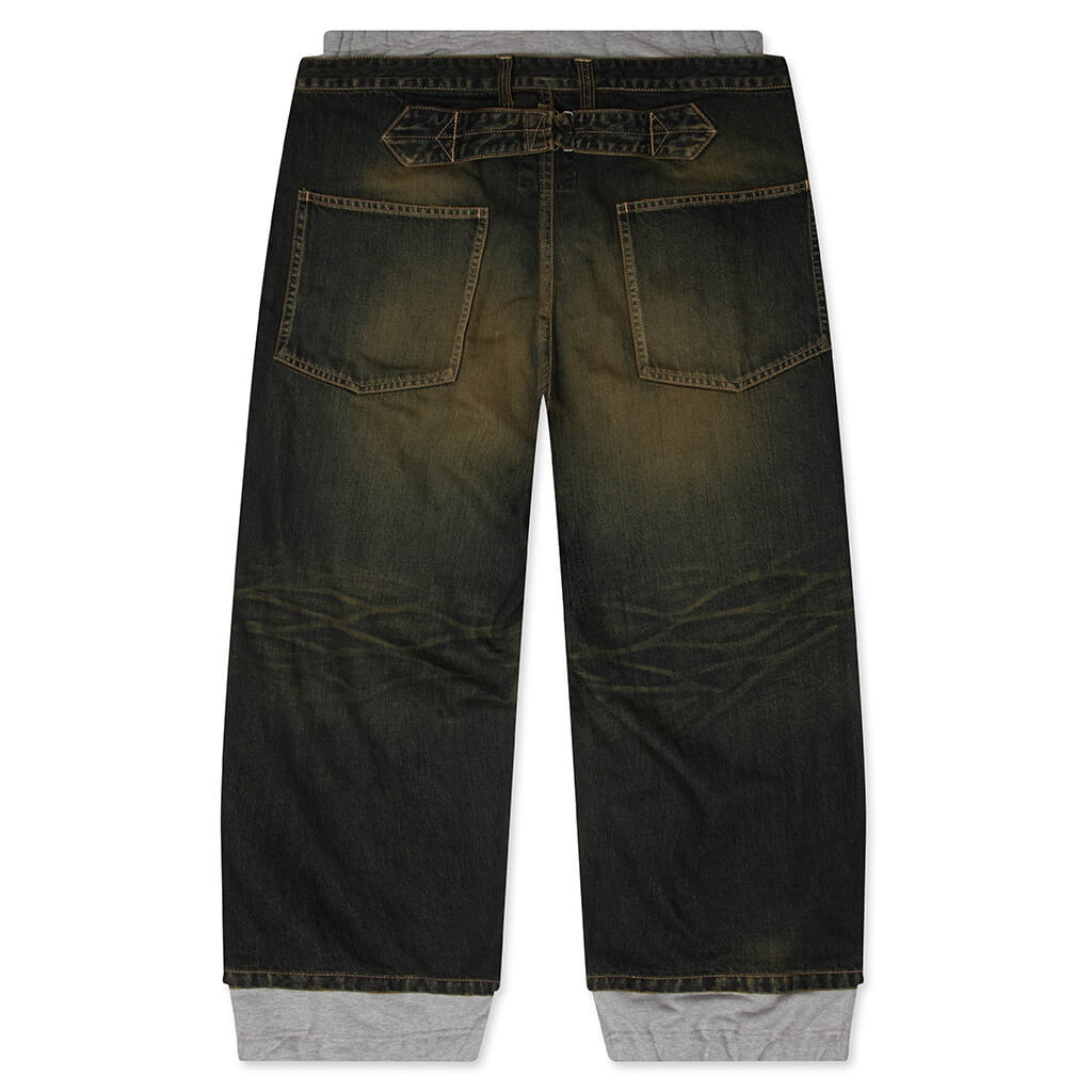 Sweat Pants Combined Denim Pants - Indigo