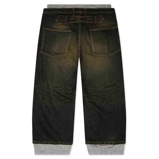 Sweat Pants Combined Denim Pants - Indigo