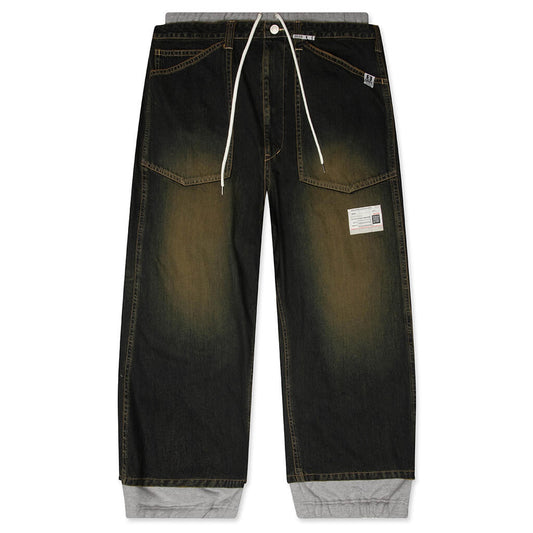 Sweat Pants Combined Denim Pants - Indigo