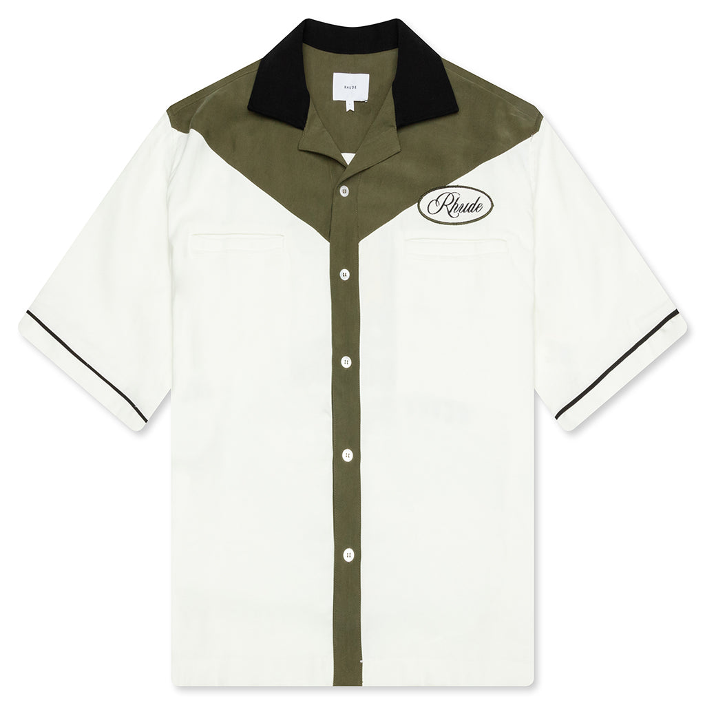 Town and Country Bowling Shirt - Military Green/Off White