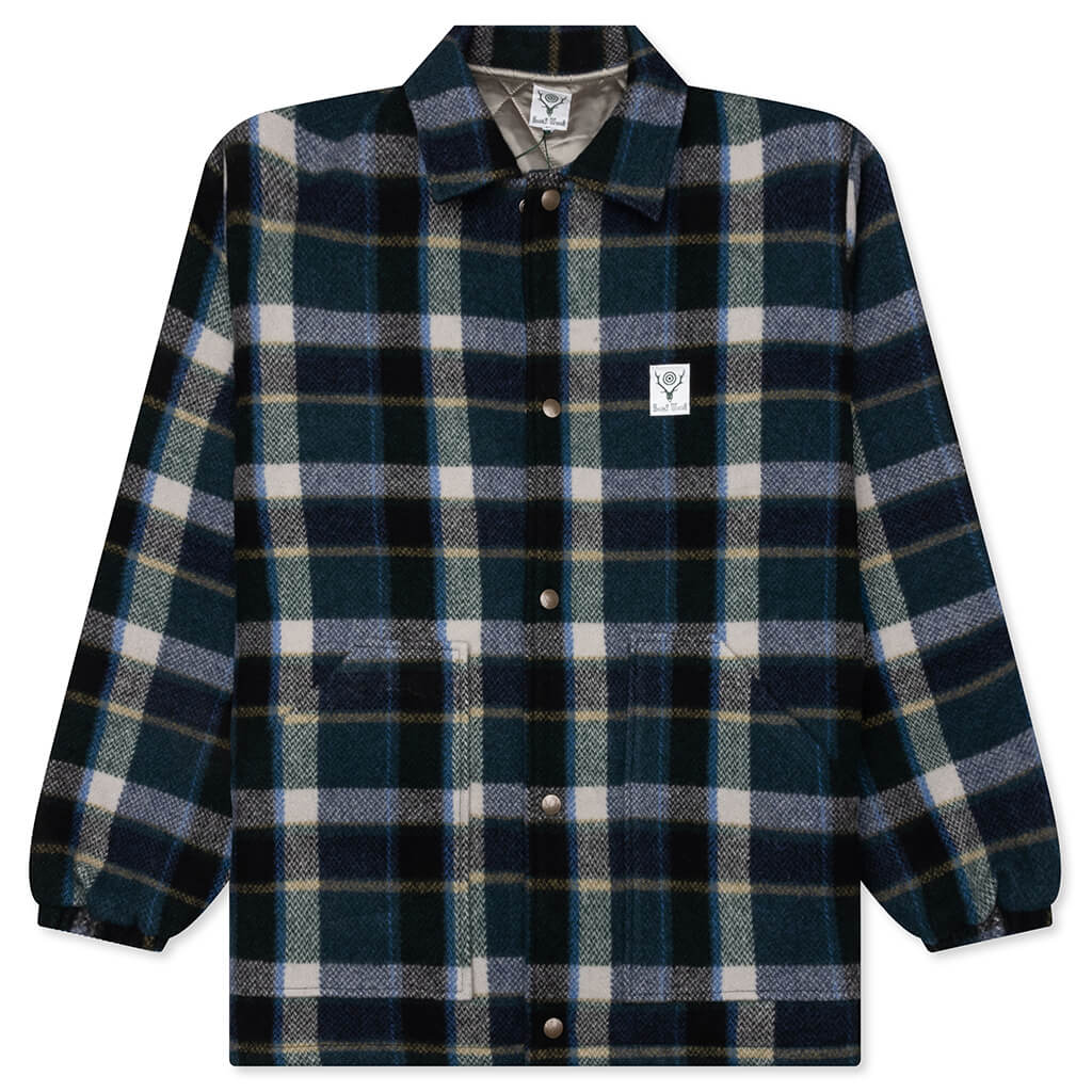 Wool Melton Plaid Coach Jacket - Green