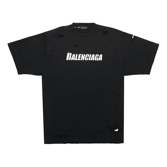 Men's Balenciaga SS21 Alphabet Printing Pattern Hole Round Neck Short Sleeve Black 651795TKVB81070