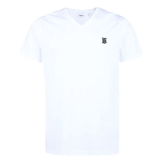 Men's Burberry Logo Embroidered Pattern V neck Cotton Short Sleeve White 80172581