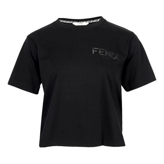 FENDI SS21 Logo Printing Pattern Round Neck Short Sleeve Black T-Shirt FS7389AFLTF0GME