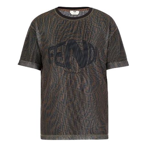 FENDI SS21 Mesh Round Neck Loose Short Sleeve Brown T-Shirt FS7375AG77F118W
