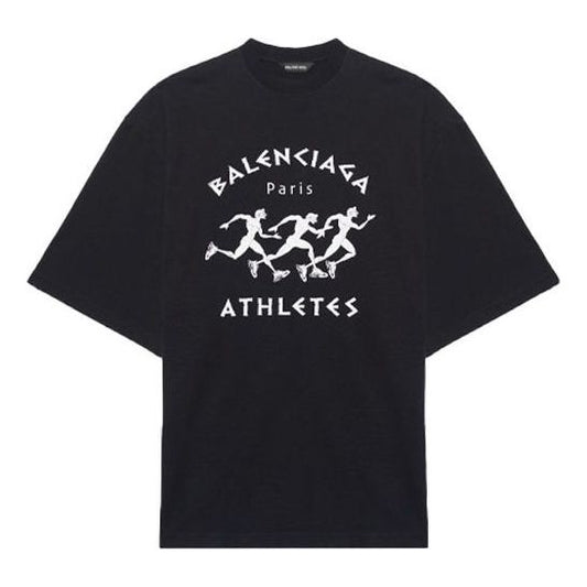 Men's Balenciaga Running Pattern Printing Logo Loose Short Sleeve Black 641614TJVK61070