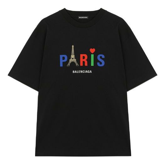 Men's Balenciaga Paris Love Regular T-Shirt Printing Short Sleeve Black 594579TGV431000
