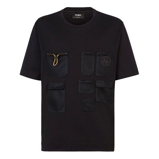 Men's FENDI FW21 Mesh Pocket Cotton Short Sleeve Black T-Shirt FY0936AGAIF0QA1