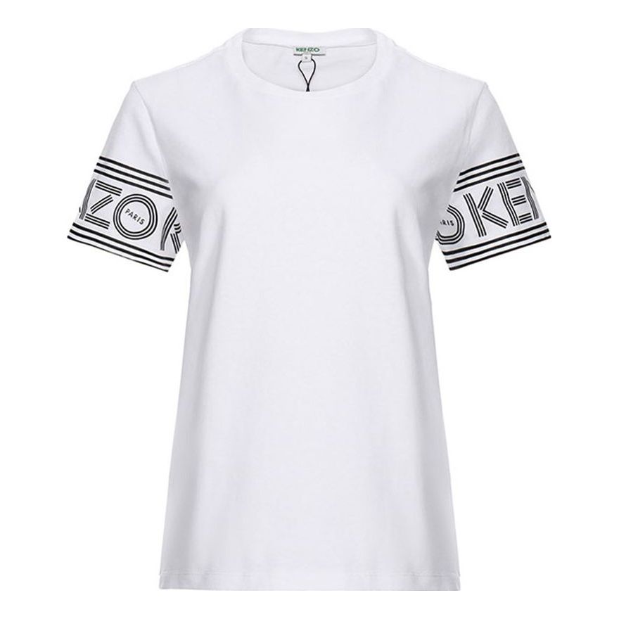 KENZO Cuff Logo Pattern Round Neck Short Sleeve White T-Shirt F002TS793985-01