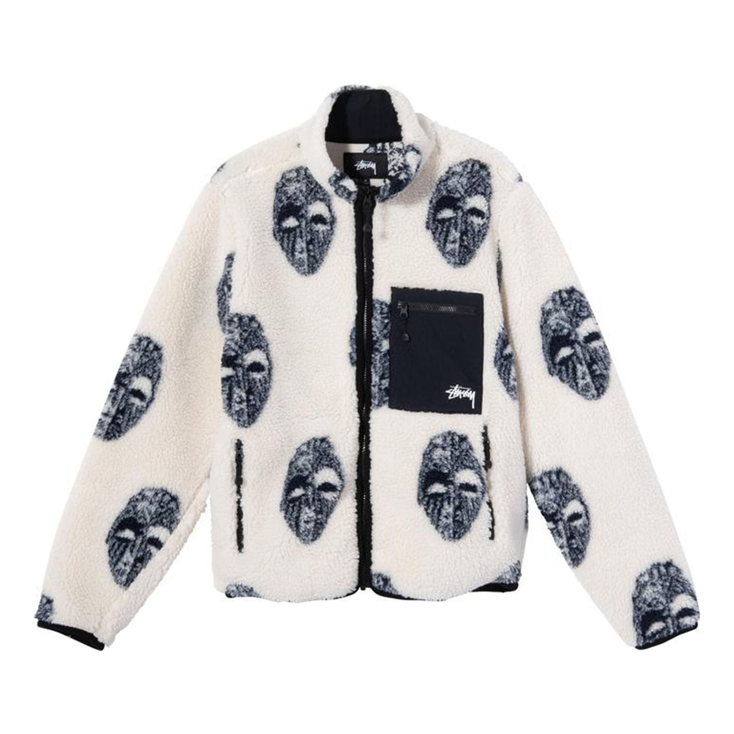 Men's Stussy Mask Jacquard Sherpa Stand Collar Jacket White 118389