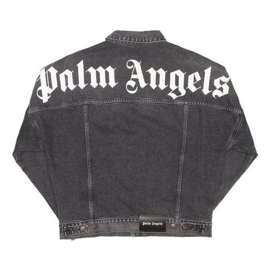 Men's PALM ANGELS Printed Logo Denim Jacket Back Alphabet logo Washed Black PMYE006R203440037601