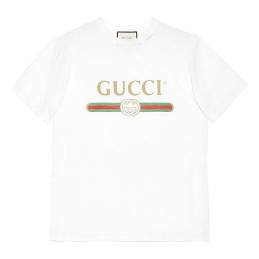 (WMNS) Gucci Large logo Belt Printing Short Sleeve White 457095-X5L89-9234