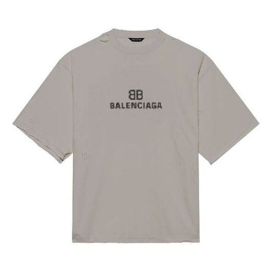 Men's Balenciaga Mosaic Logo BB Alphabet Loose Hole Distress Short Sleeve Gray 651795TKVF58174