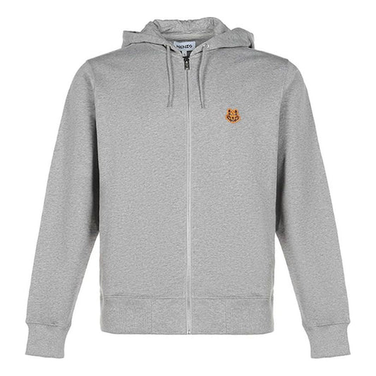 Men's KENZO FW20 Small Tiger Head Pattern Cotton Hooded Zipper Sports Light Grey FA65BL7214MD-94