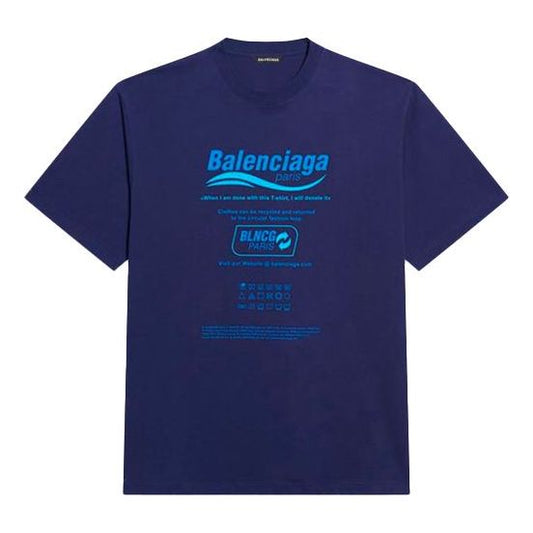 Men's Balenciaga FW21 Dry Cleaning Alphabet Printing Retro Knit Short Sleeve Navy Blue 651795TKVF83866