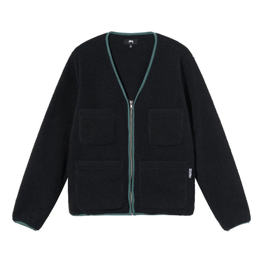 Stussy FW21 Polar Fleece Cardigan Solid Color Multiple Pockets Jacket Unisex Black 218131