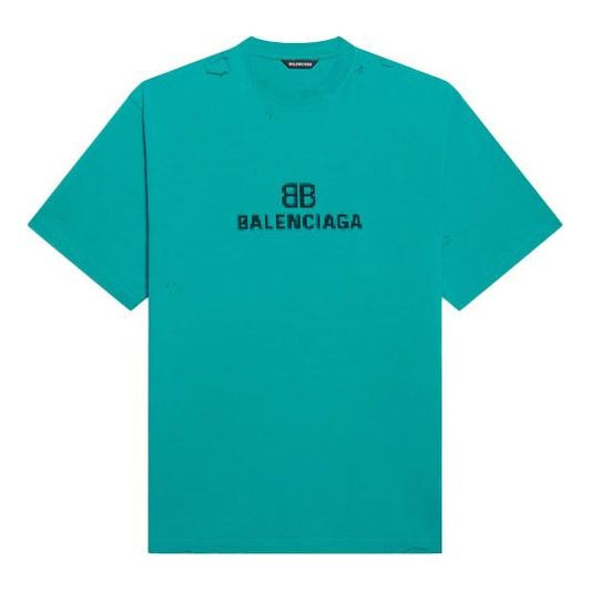 Balenciaga Mosaic Logo BB Alphabet Loose Hole Distress Short Sleeve Unisex Blue 651795TKVF53660